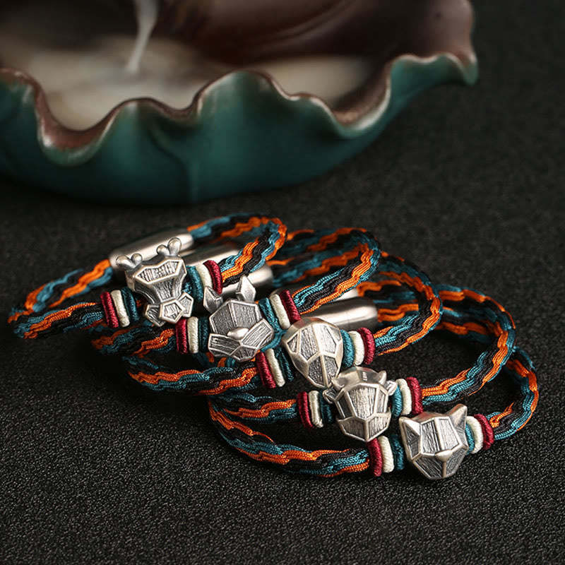 Handmade 999 Sterling Silver Year of the Dragon Chinese Zodiac Protection Colorful Reincarnation Knot Rope Bracelet