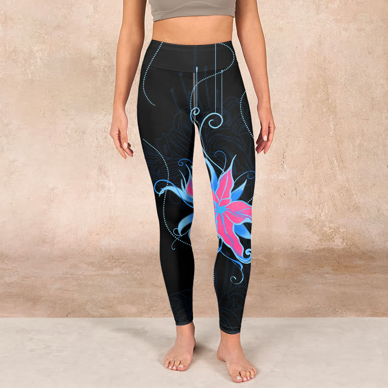 Black Pink Blue Flowers Print Fitness Leggings Women's Yoga Pants