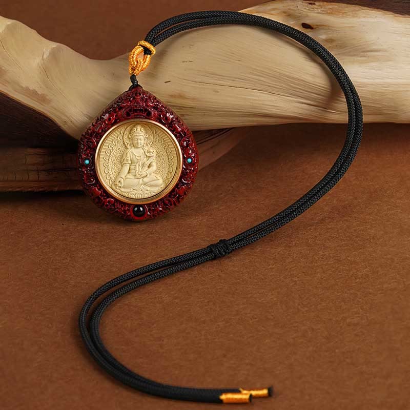 Chinese Zodiac Avalokitesvara Small Leaf Red Sandalwood Ebony Longevity Necklace Pendant