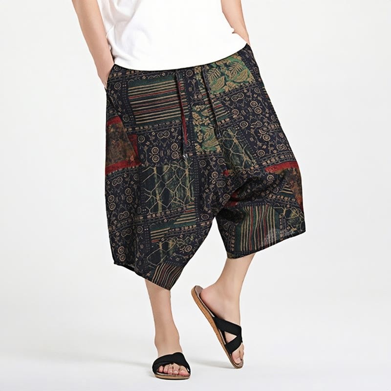 Ethnic Pattern Drawstring 7-8 Length Cotton Men's Harem Pants With Pockets