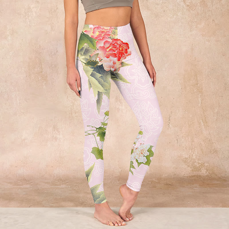 Hibiscus Flowers And Leaves Print Gym Leggings Women's Yoga Pants