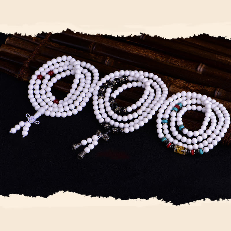 108 Mala Beads White Porcelain Six True Words 'Om Mani Padme Hum' Patience Bracelet