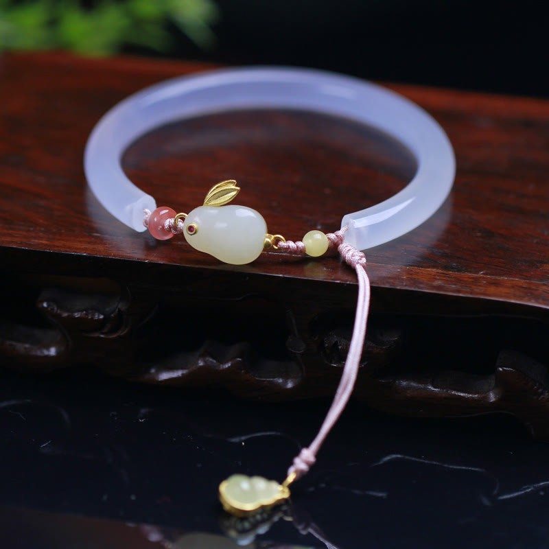 Natural White Agate Hetian Jade Rabbit Positive Bracelet Bangle