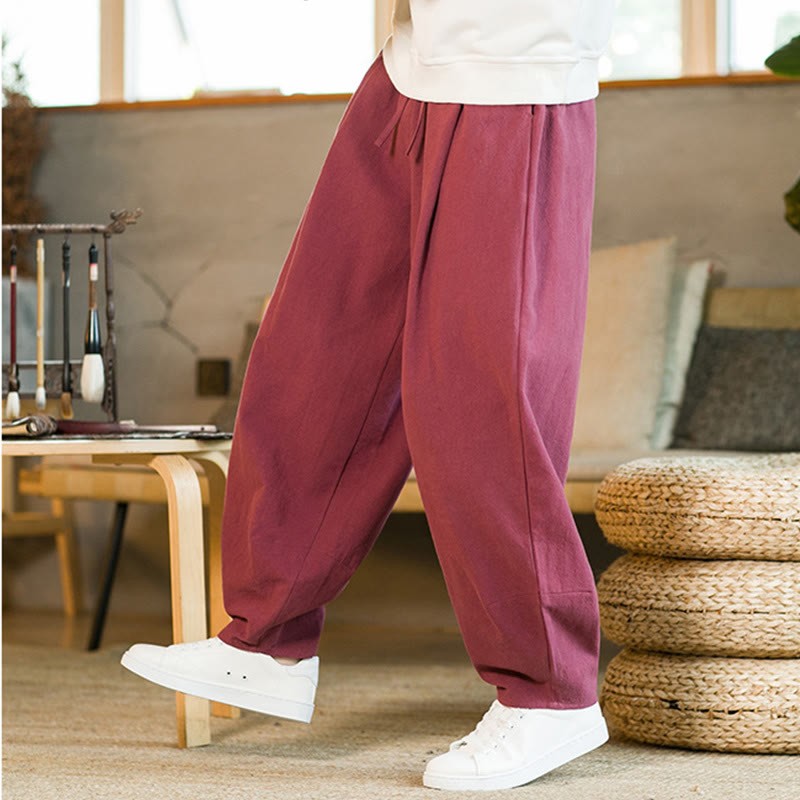 Solid Color Cotton Linen Drawstring Men's Harem Pants With Pockets