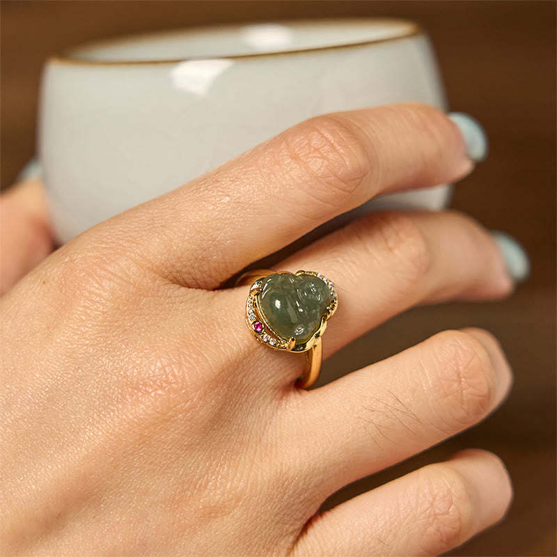 Natural Hetian Jade Egg Gourd Copper Laughing mystic zen Open Luck Ring
