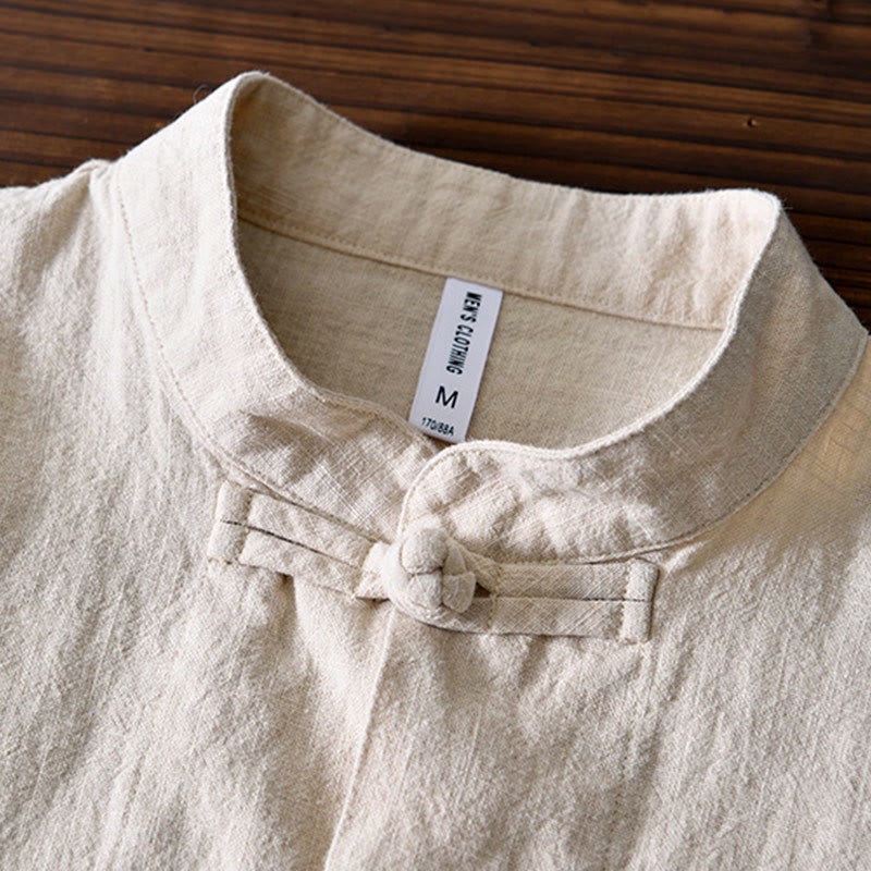 Frog-Button Chinese Tang Suit Ramie Linen Cotton Men Jacket Shirt With Pockets