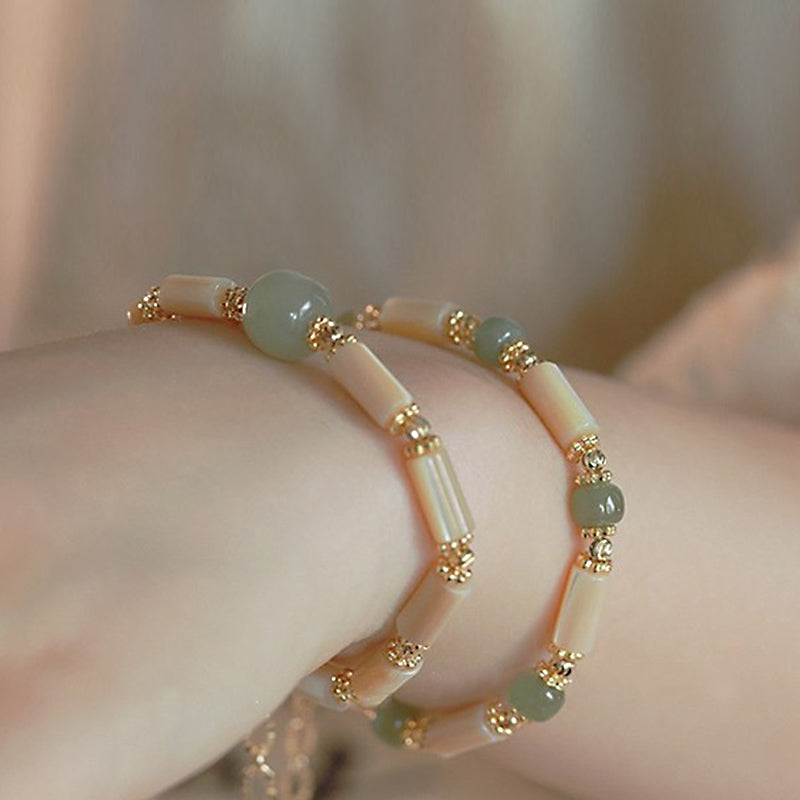 14K Gold Plated Tridacna Stone Hetian Jade Bead Bamboo Pattern Bracelet