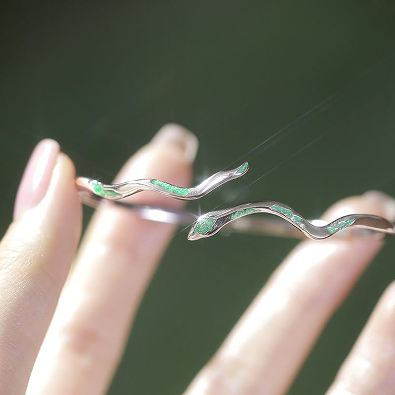 925 Sterling Silver Green Snake Enamel Craft Year Of The Snake Calm Cuff Bracelet Bangle