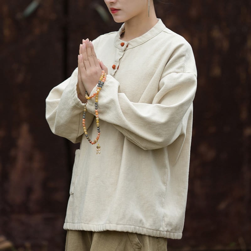 Retro Solid Color Thermal Long Sleeve Ramie Linen Women's Shirt