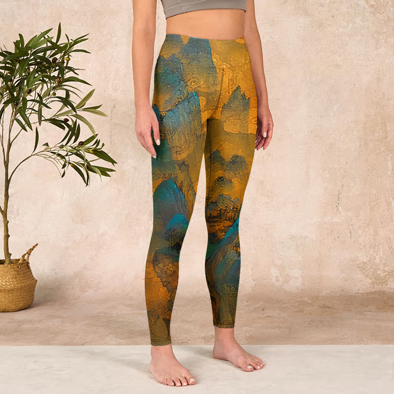 Dark Goldenrod Mountain Print Fitness Leggings Women's Yoga Pants