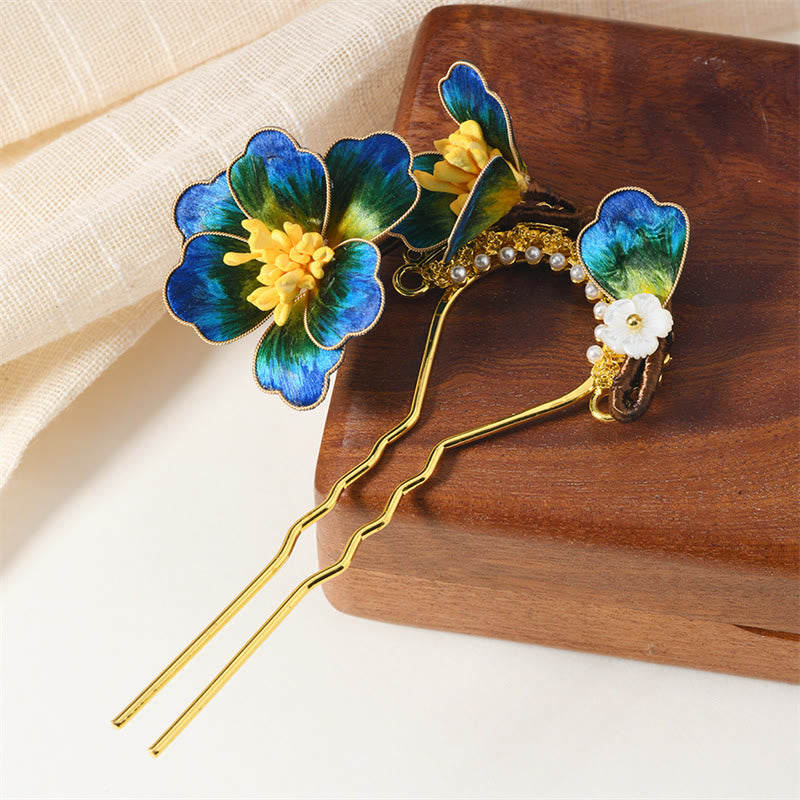 Intangible Cultural Heritage Craft Ebony Wood Silk Flower Butterfly Pearl Blessing Hairpin