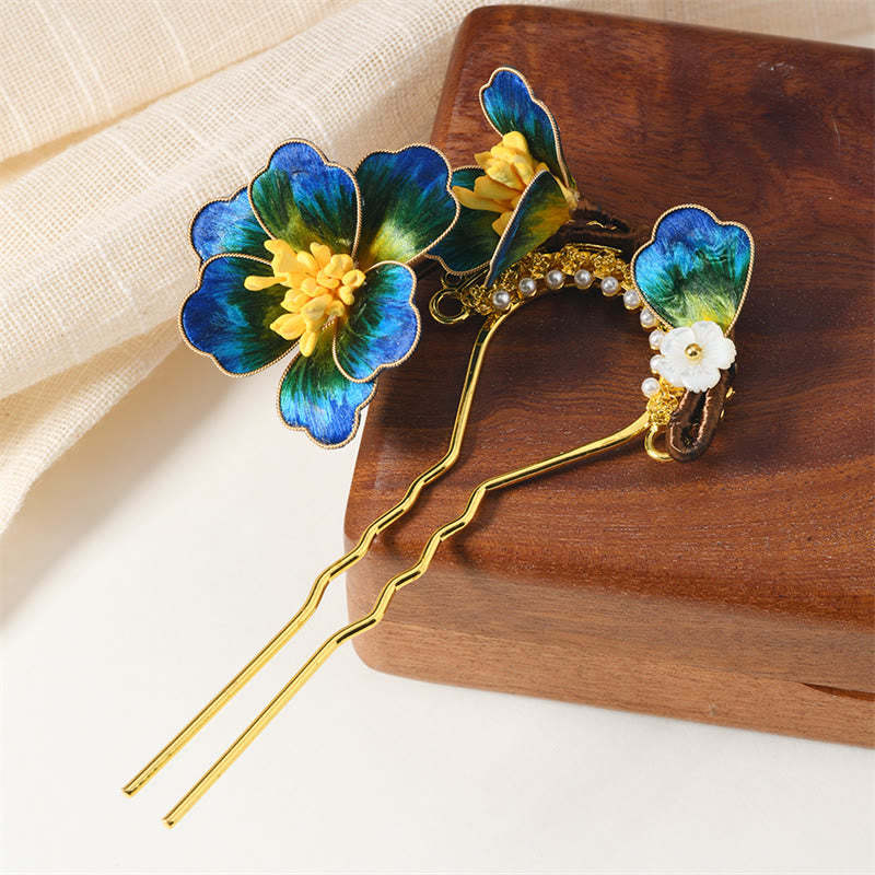 Intangible Cultural Heritage Craft Ebony Wood Silk Flower Butterfly Pearl Blessing Hairpin