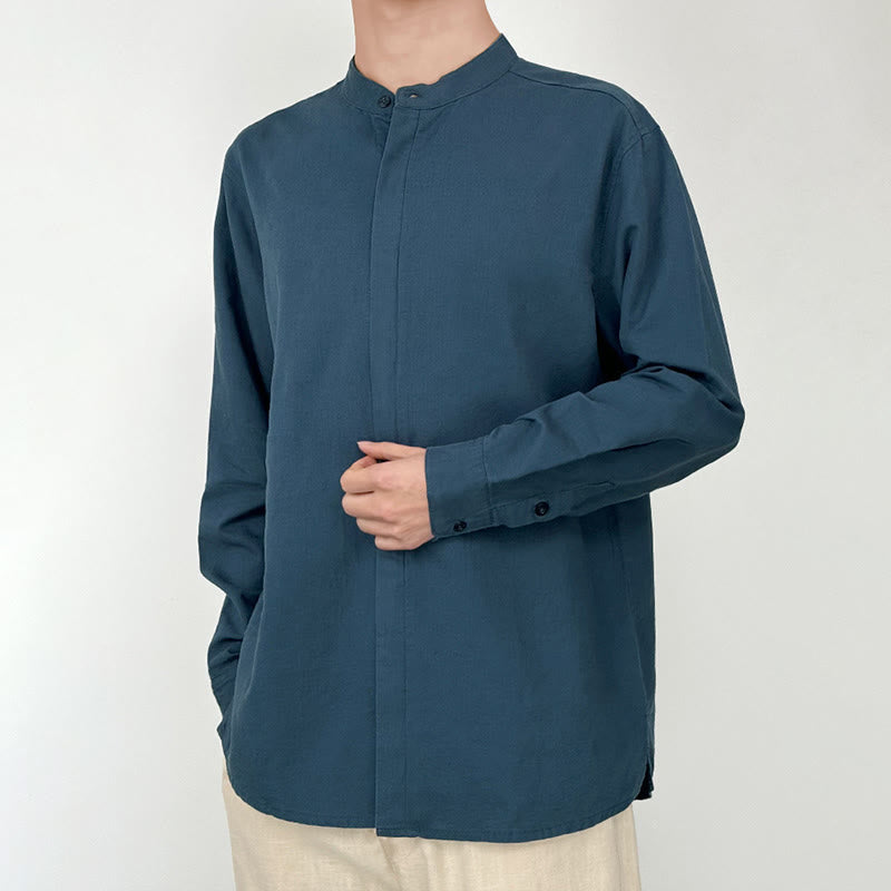 Casual Solid Color Button Front Long Sleeve Cotton Linen Men's Shirts