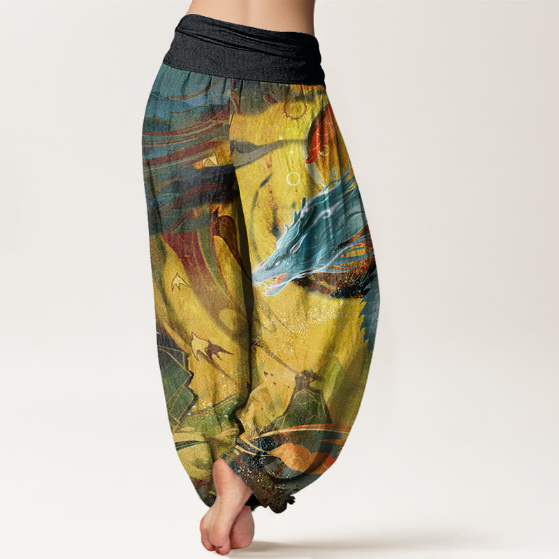 Dragon Auspicious Clouds Pattern Women's Elastic Waist Harem Pants