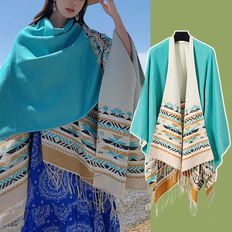 Tibetan Geometric Rhombus Pattern Tassels Shawl Fall Winter Warm Cozy Scarf Wrap