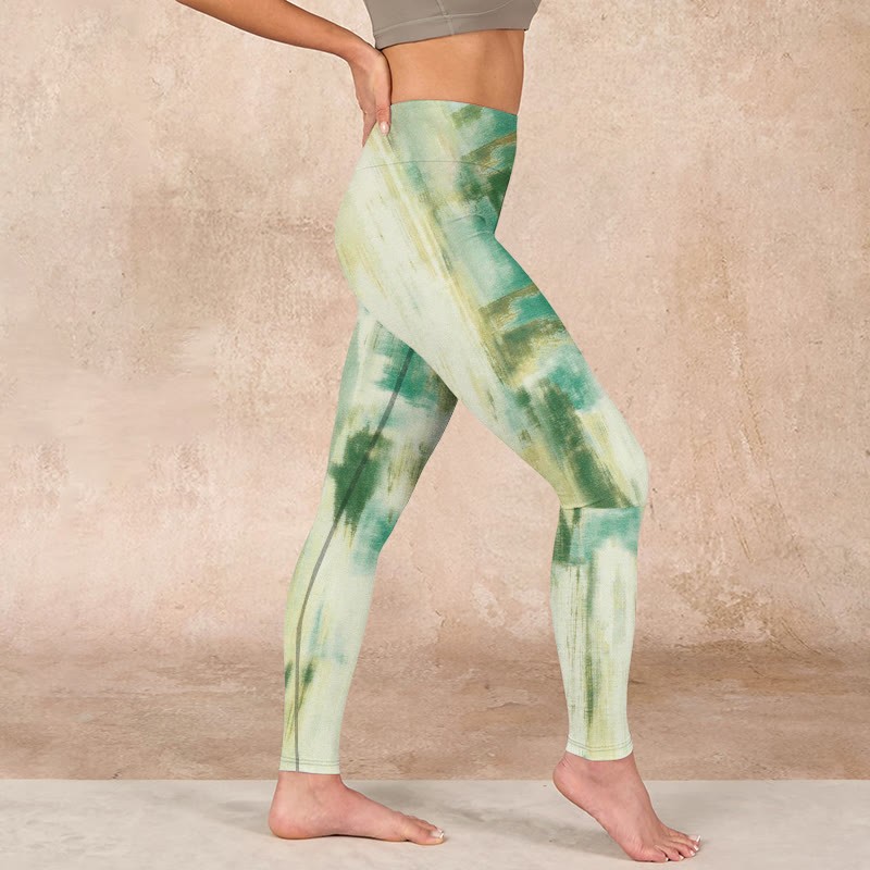 Beige Green Tie Dye Print Exercise Leggings Women's Yoga Pants