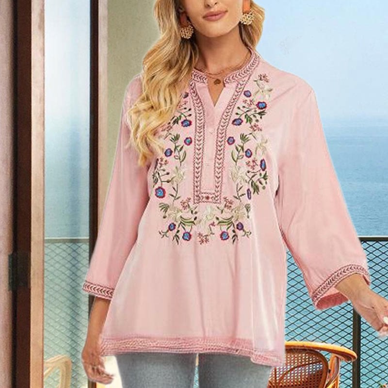 Pure Color Embroidery Flower Design Long Sleeve V-Neck Cotton Women's T-Shirt