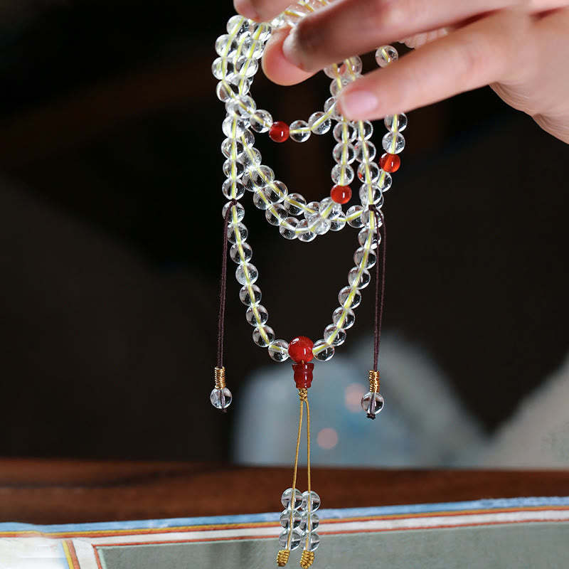 108 Mala Beads 925 Sterling Silver Natural White Agate Red Agate Quadruple Wrap Protection Bracelet