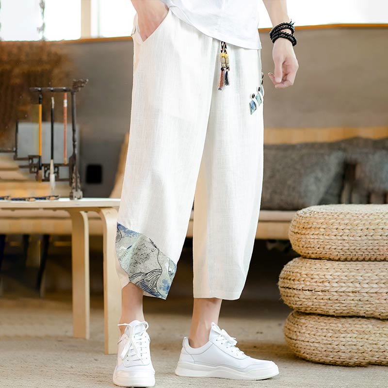Patchwork Design Drawstring Cotton Men's Cropped Pants With Pockets