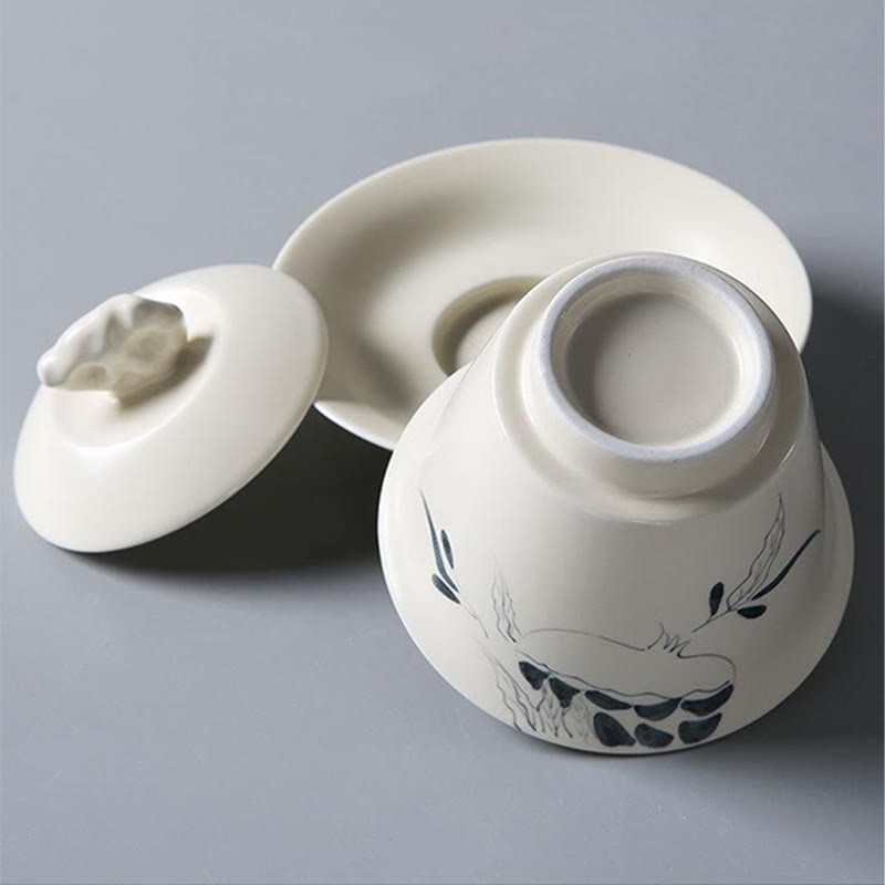 Hand Painted Pomegranate Hibiscus Pine Lotus Ceramic Gaiwan Sancai Teacup Kung Fu Tea Cup And Saucer With Lid