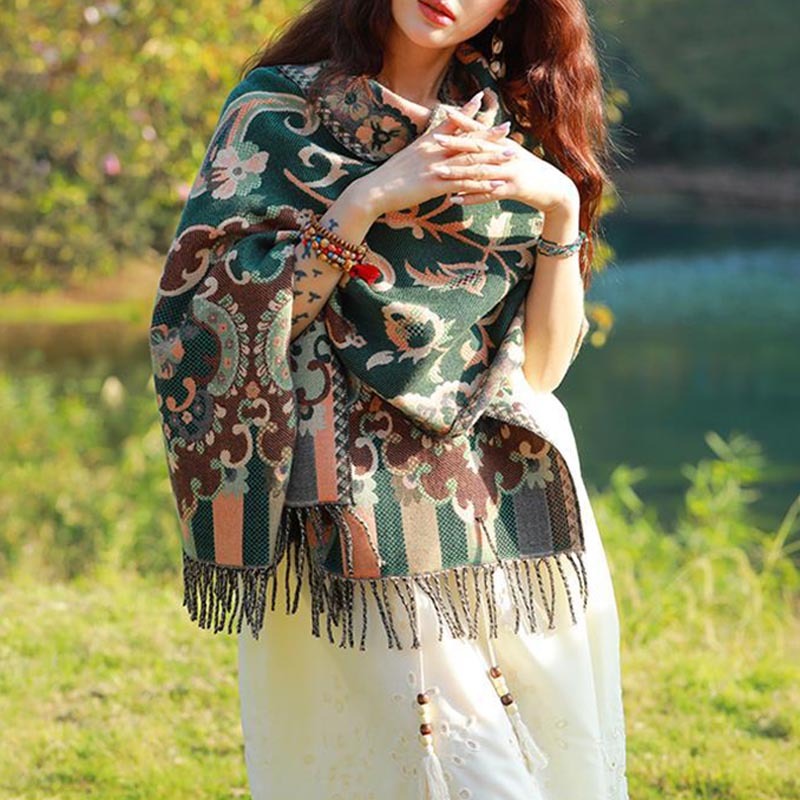 Tibetan Flowers Leaves Branch Design Tassel Shawl Cozy Travel Scarf Wrap