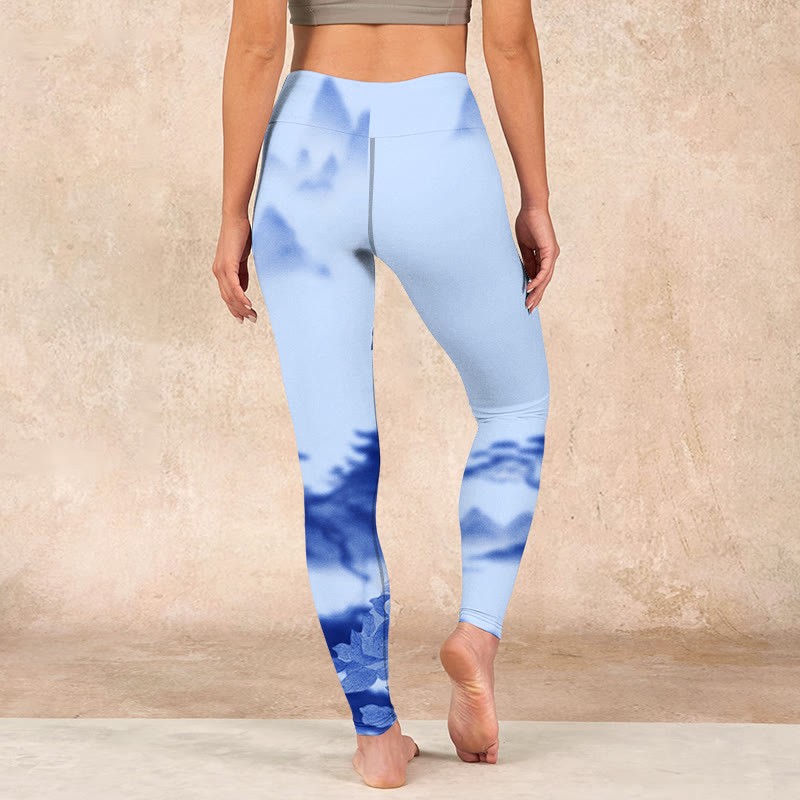 Blue Bird Peony Print Sports Leggings Women's Yoga Pants
