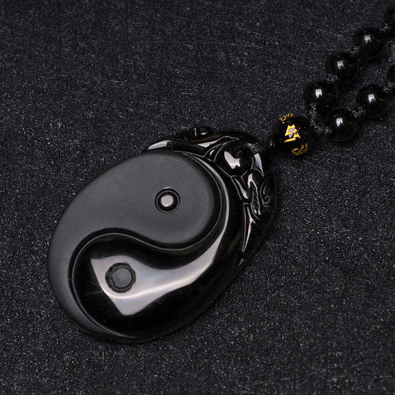 Natural Black Obsidian Yin Yang Fulfilment Strength Necklace Pendant