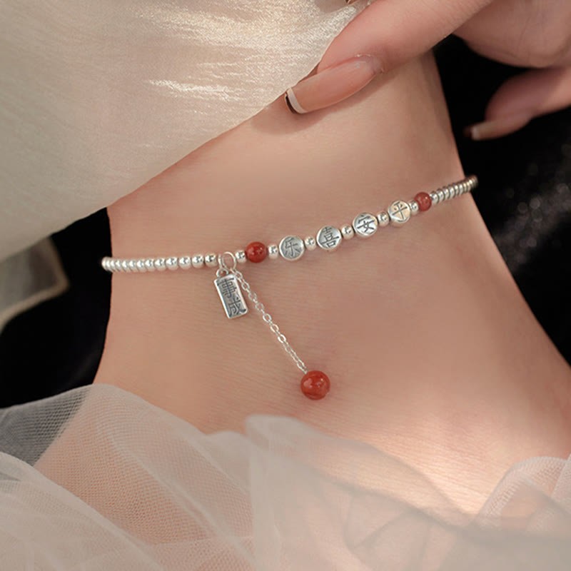 925 Sterling Silver Small Beads Red Agate Peace And Joy Blessing Anklet