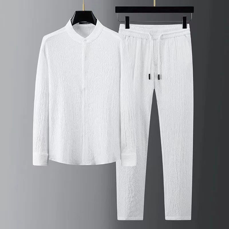 Pure Color Long Sleeve Top Pants Clothing Men's Set