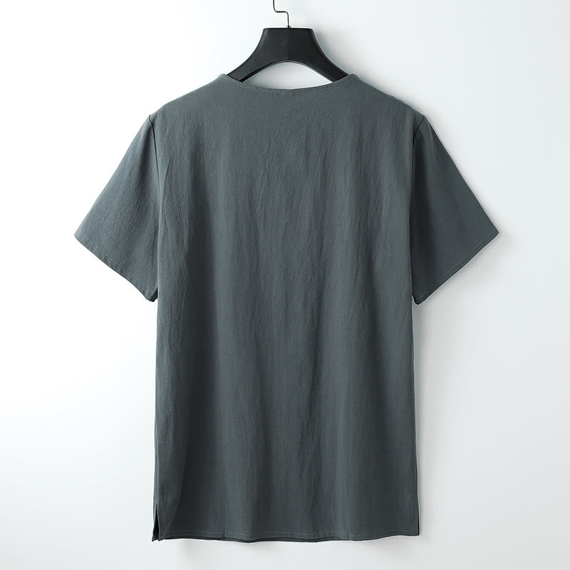 Men's T-Shirt Solid Color Top Short Sleeve Three-button V Collar Soft Cotton Shirt