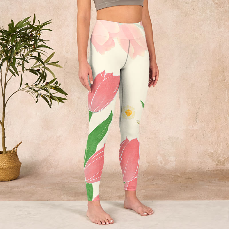 Pink Tulip Flower Print Gym Fitness Leggings Women's Yoga Pants