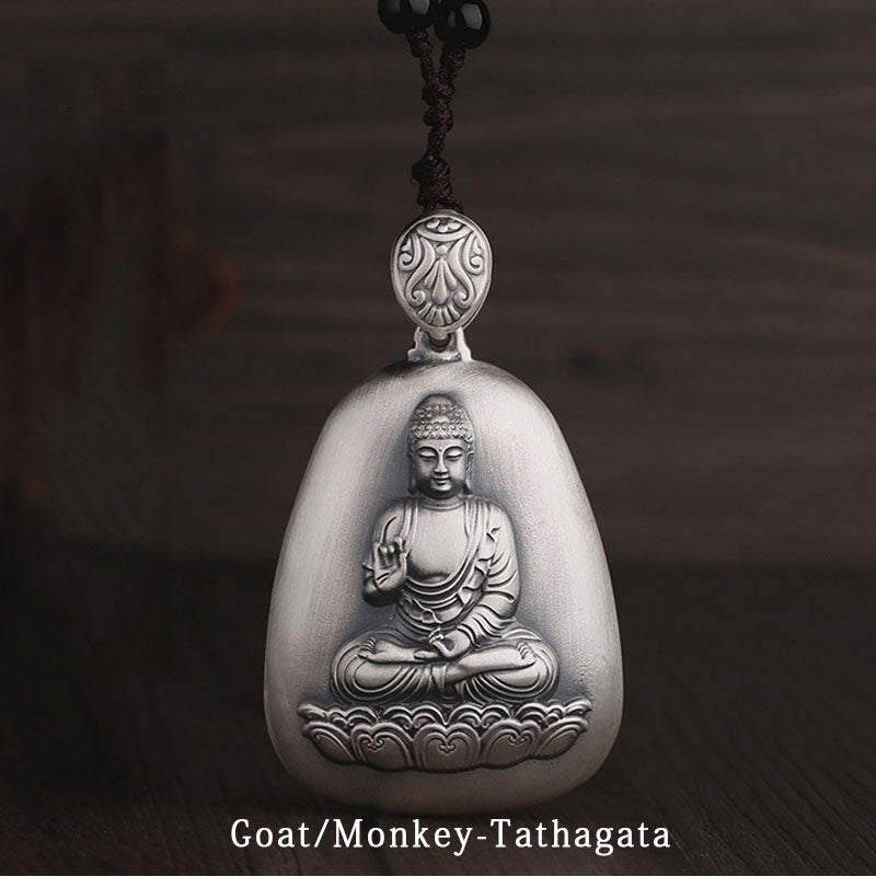 999 Sterling Silver Chinese Zodiac Natal mystic zen Heart Sutra Engraved Protection Necklace Pendant