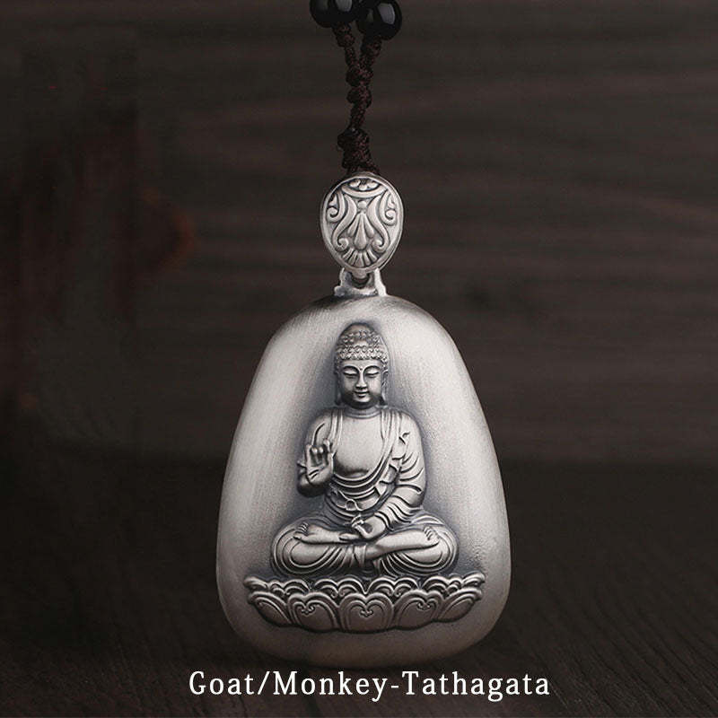 999 Sterling Silver Chinese Zodiac Natal mystic zen Heart Sutra Engraved Protection Necklace Pendant