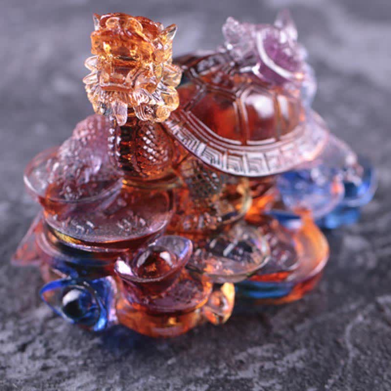 Feng Shui Dragon Turtle Coins Handmade Liuli Crystal Luck Art Piece Home Office Decoration