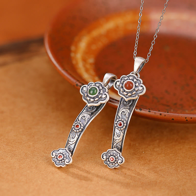 925 Sterling Silver Red Agate Cyan Jade Auspicious Clouds Ruyi Handle Blessing Necklace Pendant