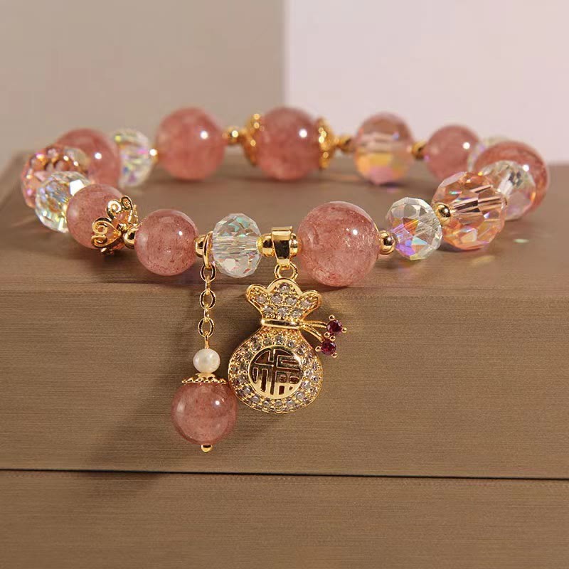 Love Healing Natural Strawberry Quartz Money Bag Charm Positive Bracelet