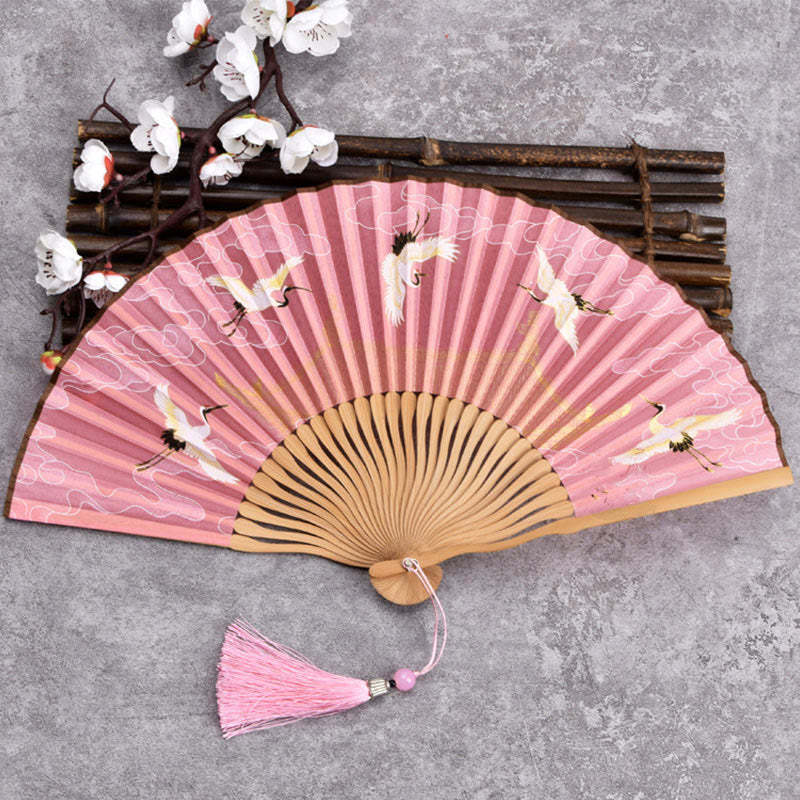 Cranes Auspicious Clouds Solid Color Gradient Handheld Cotton Linen Fabric Bamboo Folding Fan