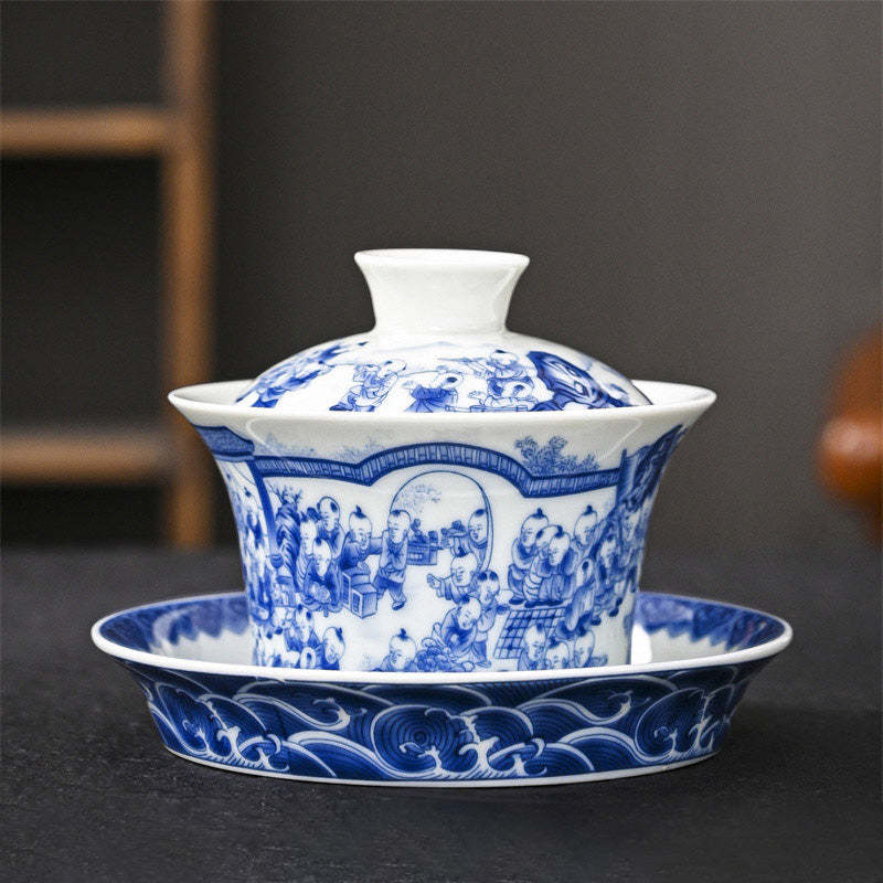 Jingdezhen Dragon Phoenix Pavilion Pine Flower Ceramic Gaiwan Sancai Teacup Kung Fu Tea Cup And Saucer With Lid 170ml