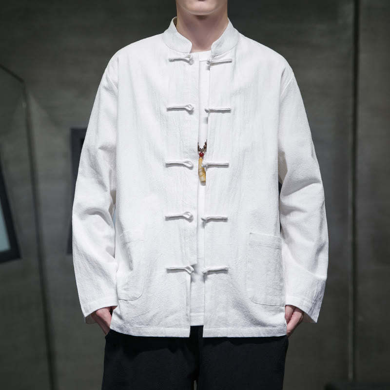 Solid Color Frog-button Tang Suit Cotton Linen Men's Jacket Shirt With Pockets