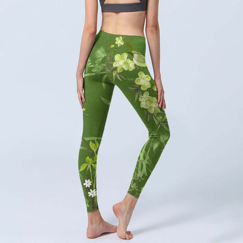 Magpie Flowers Branches Print Gym Leggings Women's Yoga Pants