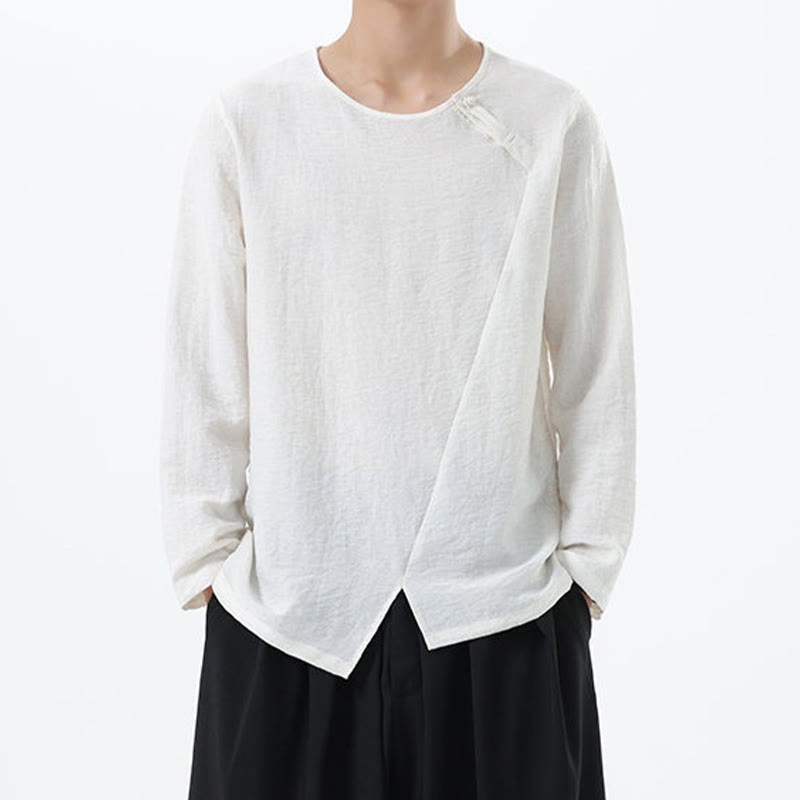 Men's Long Sleeve Round Collar Comfort Cotton Linen Shirt