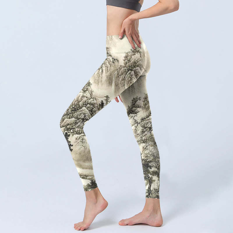 Mountain Tree River Scenery Print Sports Leggings Women's Yoga Pants