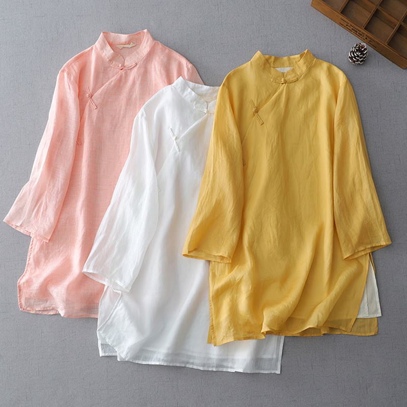 Solid Color Frog-Button Three Quarter Sleeve Double Layer Cotton Linen Shirt