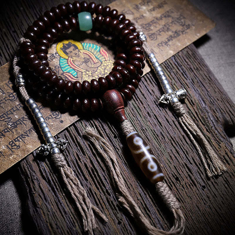 Natural Tibet 108 Mala Beads Purple Bodhi Seed Three-eyed Dzi Bead Copper Dorje Harmony Bracelet