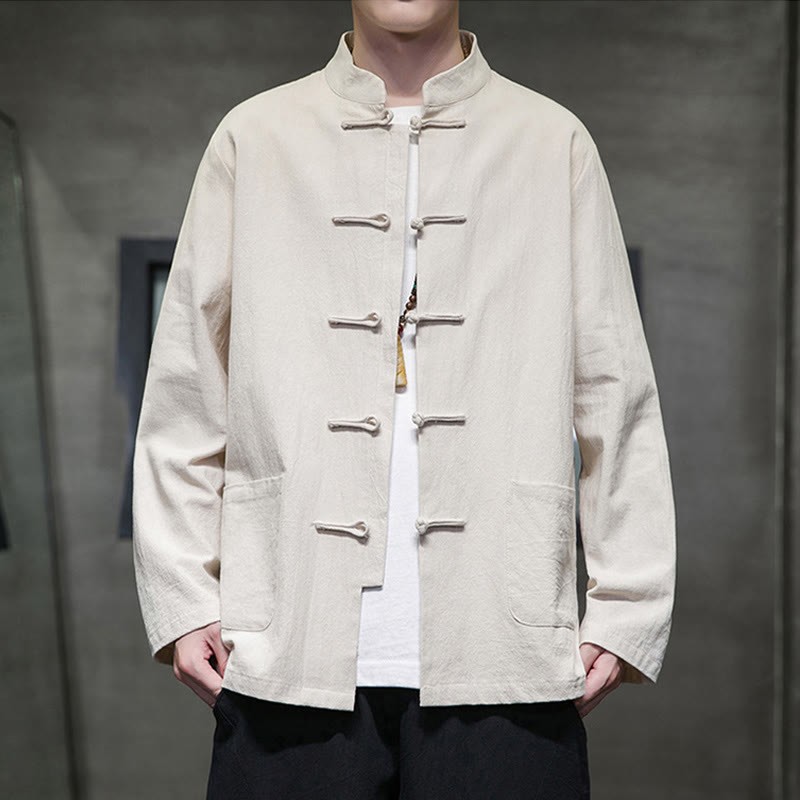 Solid Color Frog-button Tang Suit Cotton Linen Men's Jacket Shirt With Pockets