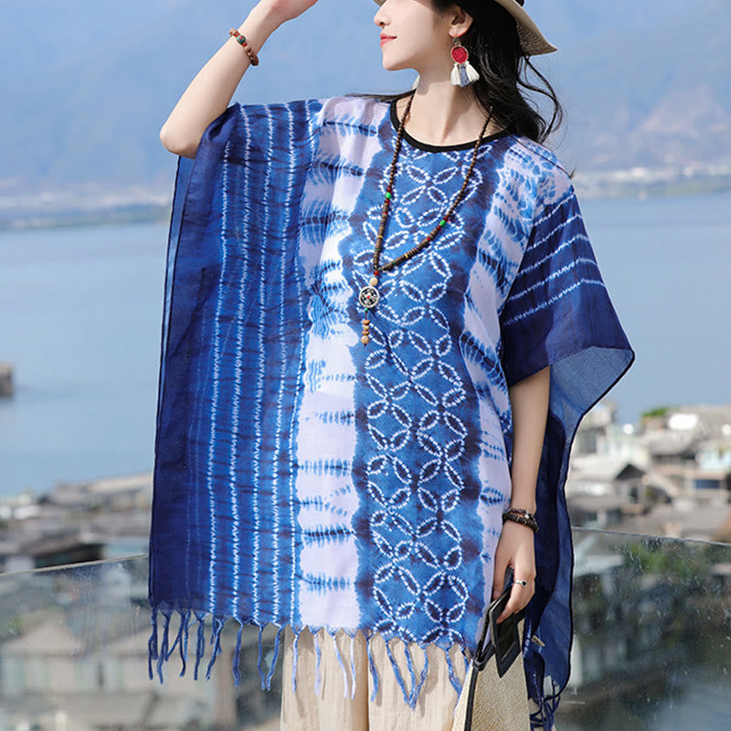 Blue White Striped Indigo Dyeing Shawl Tassels Cozy Pullover 90*95cm