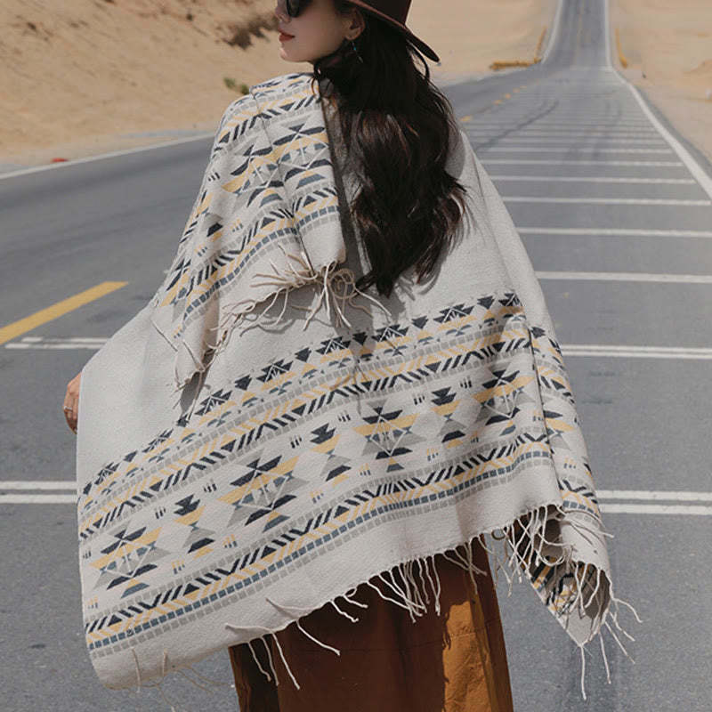 Tibetan Geometric Rhombus Pattern Tassels Shawl Fall Winter Warm Cozy Scarf Wrap