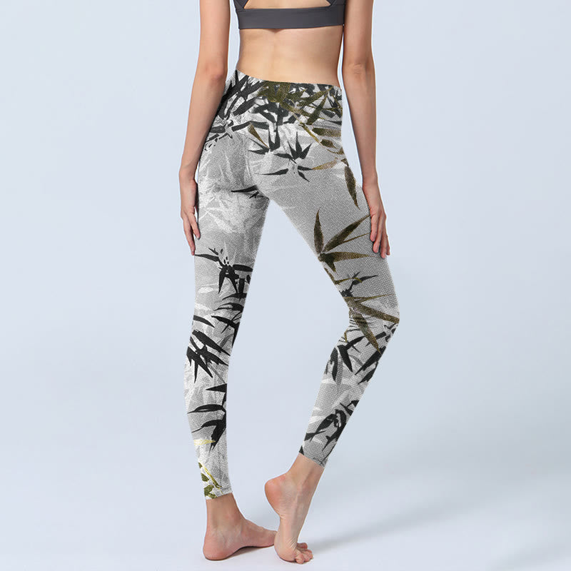 Dark Gray Bamboo Leaves Print Gym Leggings Women's Yoga Pants
