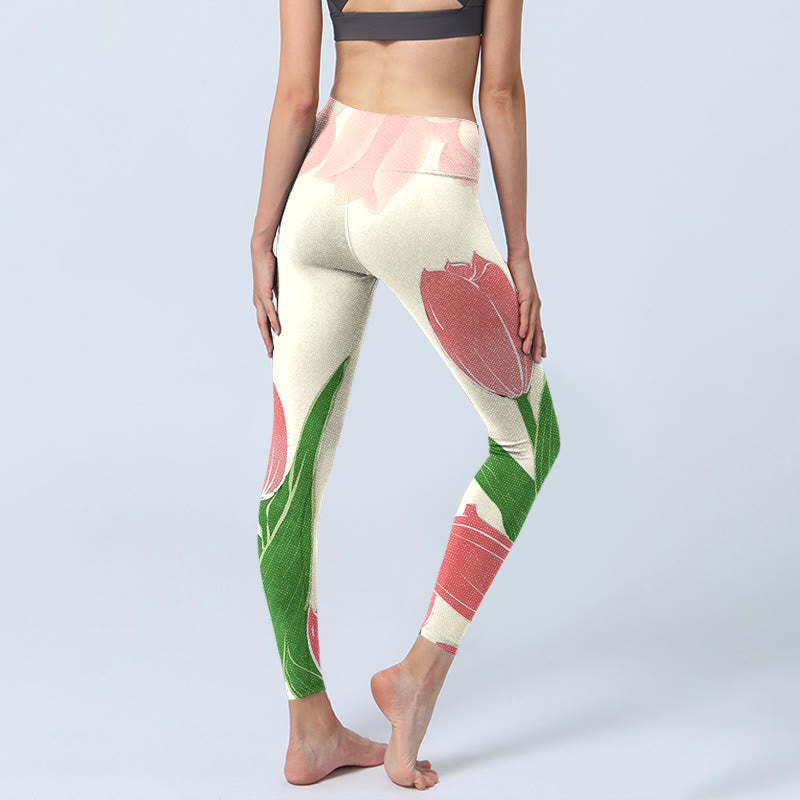 Pink Tulip Flower Print Gym Fitness Leggings Women's Yoga Pants