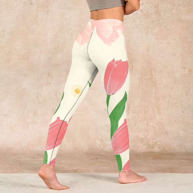 Pink Tulip Flower Print Gym Fitness Leggings Women's Yoga Pants